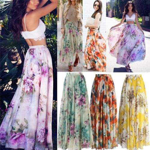 Fashion Chiffon Boho Womens Floral Print Long Maxi Skirt Ladies Holiday Summer Sun Skirts Faldas De Mujer 2020 New