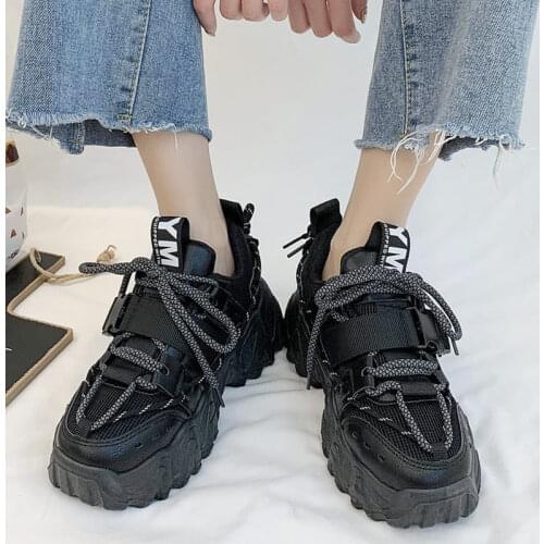 Fashion Buckle Chunky Sneakers Women 2021 Breathable Mesh Thick Sole Platform Sneakers Woman Lace Up Running Casual Shoes