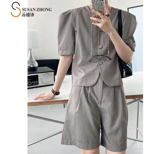 Women Summer Blazer Set 2-Pieces Shorts Bermudas V Neck Buttons Pockets Short Sleeve Puff Pleats Elegant Office Korean Fashion
