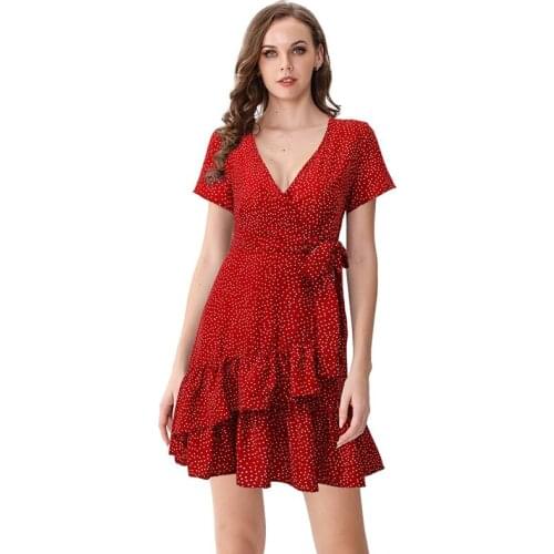 Boho black polka dots ruffles beach summer women dress sexy V-neck tie waist vestidos de fiesta M30542