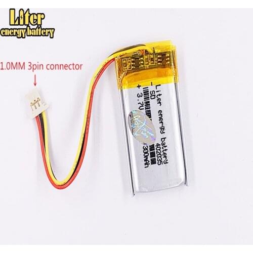 1.0MM 3pin connector 402035 300mah 3.7v DVR car recorder high-temperature li-po polymer rechargeable lithium battery