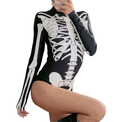 Black Women Bodysuits Round Neck Slim New Sexy Punk Rock Style Skull Pattern One-Piece Women Bodysuit