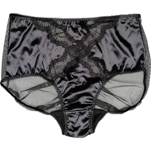 Black Color Plus Size Womens Mesh Satin High Waist Lace High-end Brief, Underwear Panties Lingeries Gift BR012