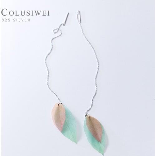 Colusiwei Genuine 925 Sterling Silver Shining Simple Leaf Long Chain Drop Earrings for Women Fashion Korea Style Jewelry 2020