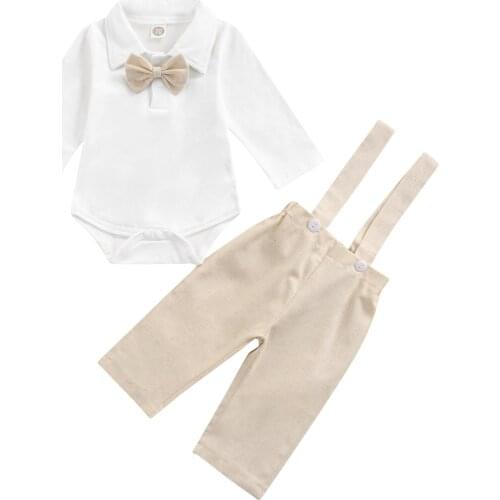 Infant Baby Gentleman Boys Tops, Pants 2Pcs Clothes Bowtie Suit, Long Sleeve Lapel Suspender Trousers Loose Shirt Trousers