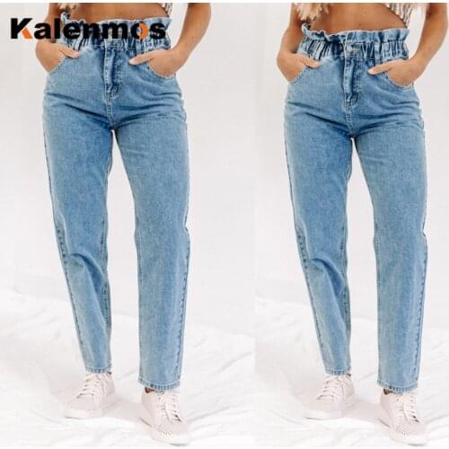 Denim Pants Women Vintage High Waist Washed Jeans Pocket KALENMONS Bleached Summer Casual Trousers Punk Baggy Work Sexy Jean
