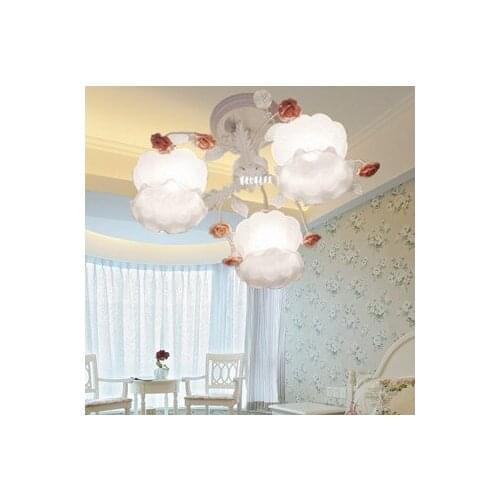 European-style garden living room Romantic Restaurants white wrought iron pink ceramic flowers glass lampshade Ceiling Lamp c133