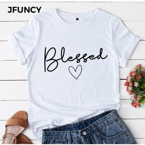 JFUNCY Summer Cotton Women T-shirts Blessed Letter Print T Shirt Plus Size Loose Casual Mujer Tshirt Harajuku Female Tees Tops