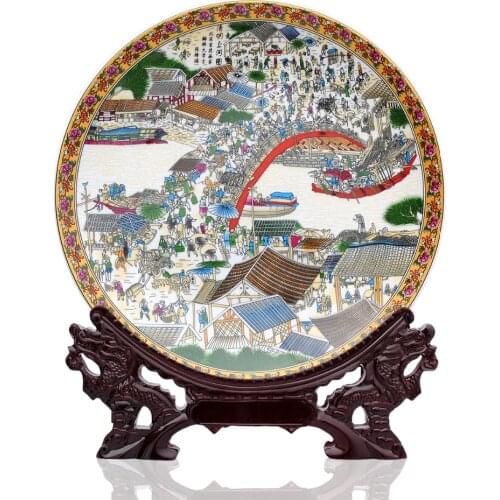Jingdezhen Ceramic Antique China Plates Riverside Scene at Qingming Festival Porcelain Decorative Plate For Living Room Hotel