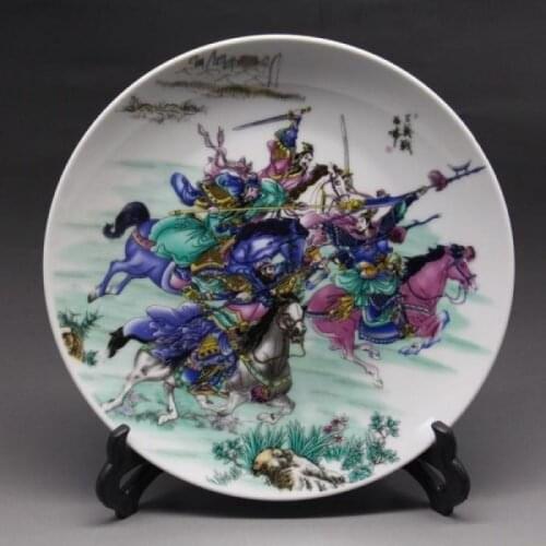 Chinese Rose old Porcelain painted Three heroes fight Lv Bu Plate