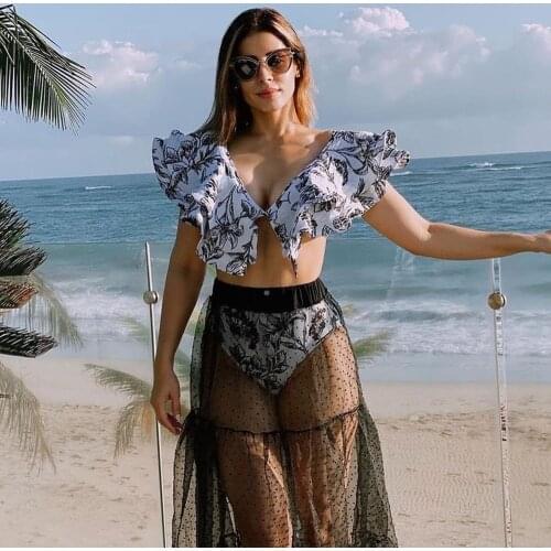 High Waist Ruffled Bikini Set 2021 Sexy Black Beach Dress Swimwear Women Swimsuit Print Floral Beachwear V-neck Bathing Suits