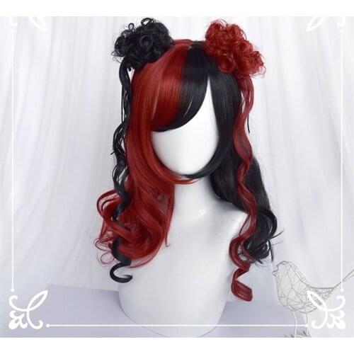 CosplayMix 4 Style 55-70 CM Lolita Long Curly Bangs Black White Red Half Ombre Cute Japan Synthetic Party Cosplay Wig+Cap