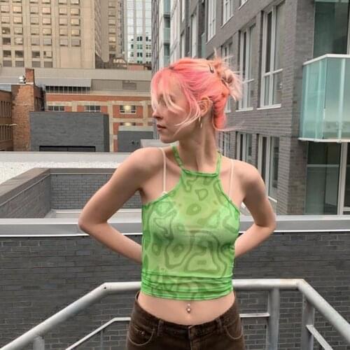 Sexy Lace Up Crop Tops For Women See Through Female Rib Knit Tank Top Fashion Street Style Print Tee Club Wear