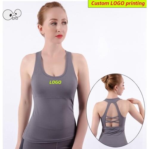 Custom LOGO Quick Dry U Neck Women Running Vest Build In Bra Solid Yoga Tank Top Push Up Padded Gym Fitness Sleeveless Shirts