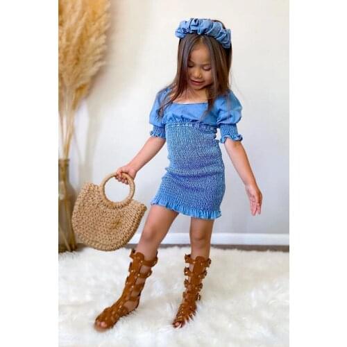 Blotona Fashion Little Girls Casual Close-fitting Dress, Blue Solid Color Short Sleeve Square Collar Sundress, 1-5Years