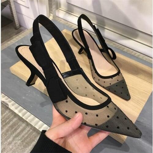 Fashion sexy high heel womens shoes black tip breathable mesh sandals women Thin heels sandals