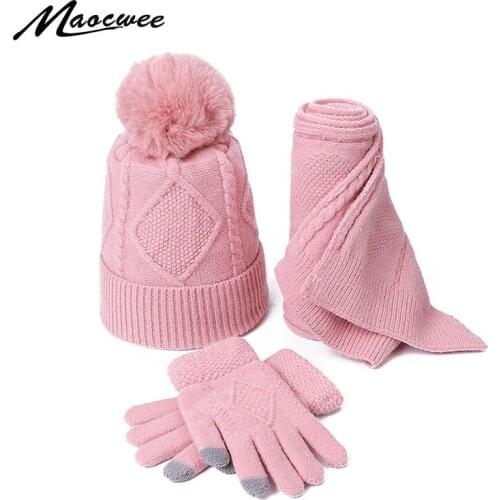 3 Piece Set Of Winter Warm Women Knitted Wool Pompon Beanie Hat Scarf Gloves Set 2020 Daily Leisure Ski Camping Fishing Warm Set