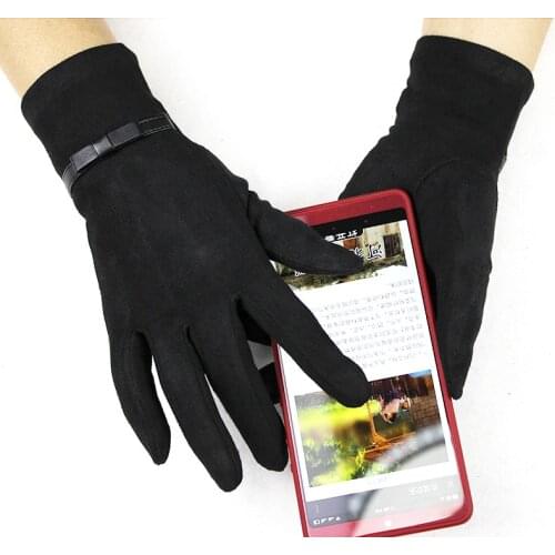 Suede gloves womens thin section touch screen elastic man-made material black spring and autumn girls finger gloves