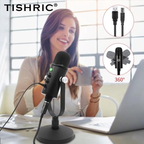 TISHRIC Professional Condenser Microphone with Bracket Live Desktop Microphone with Sound Card USB Karaoke Singing Microphone
