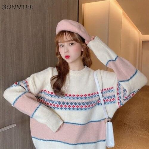 Pullovers Women Casual Full Sleeve O-neck Floral Printed Knitting Fresh Lovely Fashion Sweet Preppy Style Korean Female Chic New