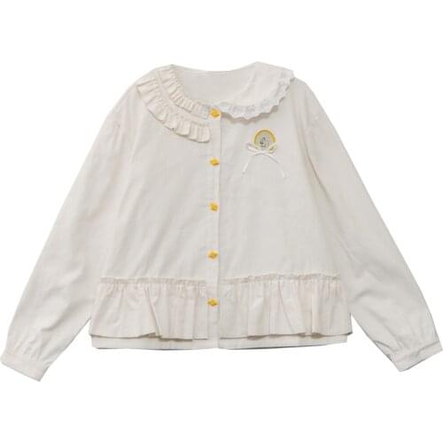Harajuku Cartoon Applique Long-sleeved Shirt Preppy Style White Stitching Ruffled Warm Top Winter New Corduroy Shirt