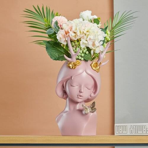 Nordic White Pink Portrait Flower Pot Resin Ornaments Home Livingroom Table Figurines Decoration Hotel Office Accessories Crafts