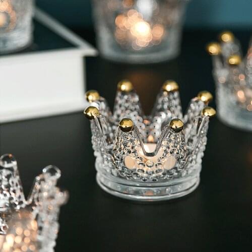Nordic Glass Embossed Crown Candle Holder Small Tea Light Necklace Ring Storage Desk Decoration