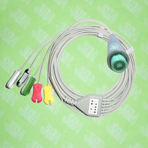 Compatible with 12pin Fukuda Denshi ECG Machine the one-piece 5 lead cable and clip leadwire,IEC or AHA