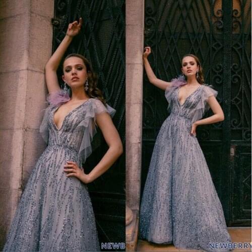 Evening Dresses V Neck Short Sleeves Lace Sequins Beads Prom Gowns 2020 Custom Made Sweep Train A Line Special Occasion Dress