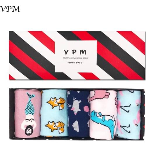 VPM GIFT BOX Winter Autumn Warm Women Socks Colorful Cartoon Cute Animal Dog Cat Fox ET Lovely Funny Socks (5 pairs / lot )