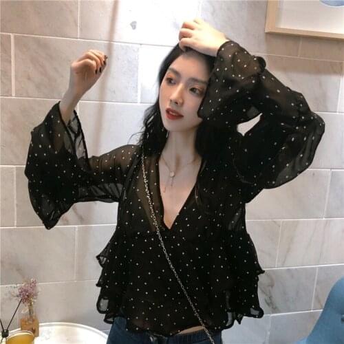 Korean Style Chic Sweet Lotus Leaf Polka Dot Micro Transparent Chiffon Shirt Womens V-neck Loose Bell Sleeve Top Summer