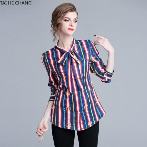 2019 New Fashion High Quality Women Clothing Tops Blouses & Shirts Casual Print Stripe Long Sleeve Vintage Slim Shirt