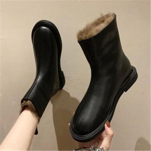 New Women Round Toe Winter Fashion Ankle Boots Back Zipper Keep Warm Snow Boots PU Leather Women Shoes Black Wine Red Eu 35-39