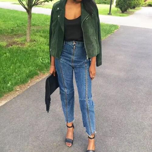 Free Shipping High Street Women Designer Jeans Top Stitching High Waist Irregular Denim Jeans Pencil Pants