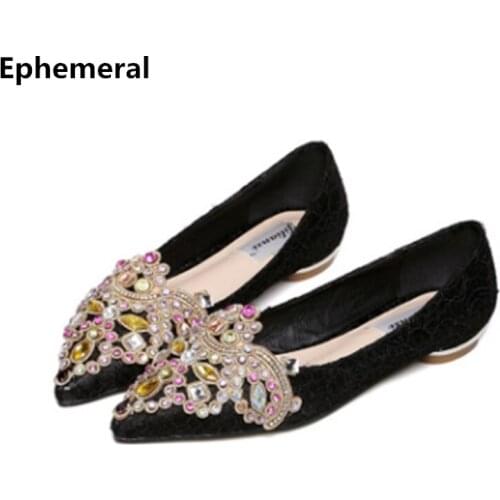 Ladies Colorful Crystal Cute Shoes For Party Wedding Flats Pointed Toe Mesh Breathable Black Beige Plus Size 34-43 Fashion 2019