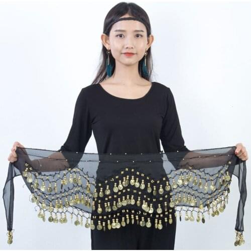 Women Sequins Belly Dance Hip Scarf Skirt Accessories 3 Row Belt Skirt With Gold bellydance Tone Coins Waist Chain Chiffon Wrap