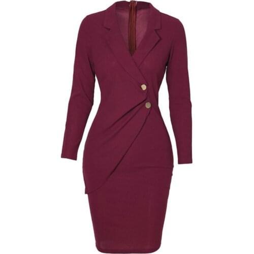 50%HOT Formal Women Solid Color Turn Down Collar Long Sleeve Buttons Bodycon Midi Dress