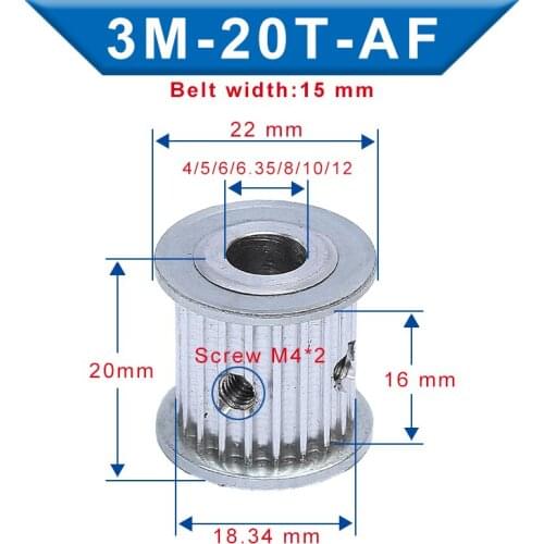 Timing Pulley 3M20T Bore Size 4/5/6/6.35/8/10/12 mm Aluminum Belt Pulley Slot Width 16 mm For 3M-synchronous belt Width 15 mm