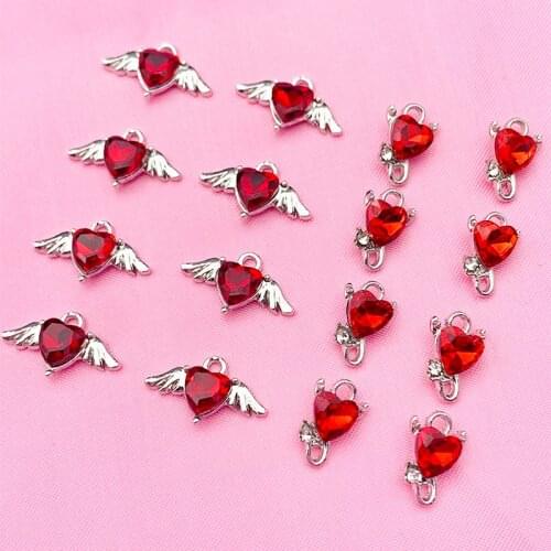 10Pcs/Set Heart Crystal Charms Gold Silver Color Wings Pendant for Jewelry Findings Making DIY Earrings Necklaces Accessories