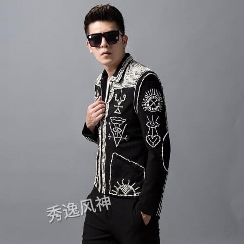Hand beads jacket men Stand Collar Slim Blazers Coat Wedding Bar Singer Stage Costume Blaizer Hombre heavy wormanship outfit