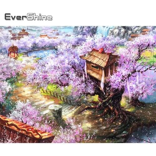 Evershine Diamond Embroidery House Picture Rhinestone Craft Gift Diamond Painting Cherry Blossoms Landscape Mosaic Home Decor