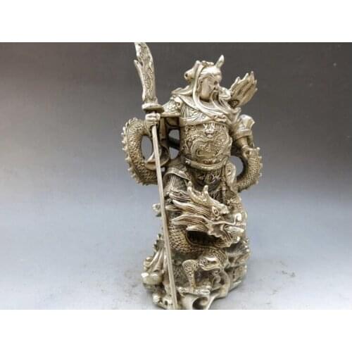 China silver handwork carved beautiful dragon military sage Guan Gong Statue