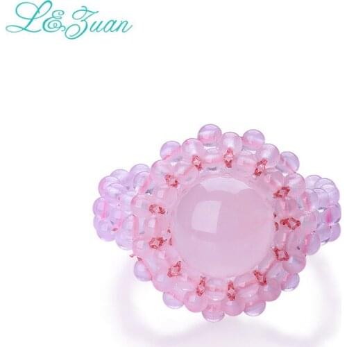 L&zuan Trendy Pink Ring 100% Handmade Natural Rose Quartz Beads Powder Crystal Rings for Girls Fine Jewelry Fashion Accessories