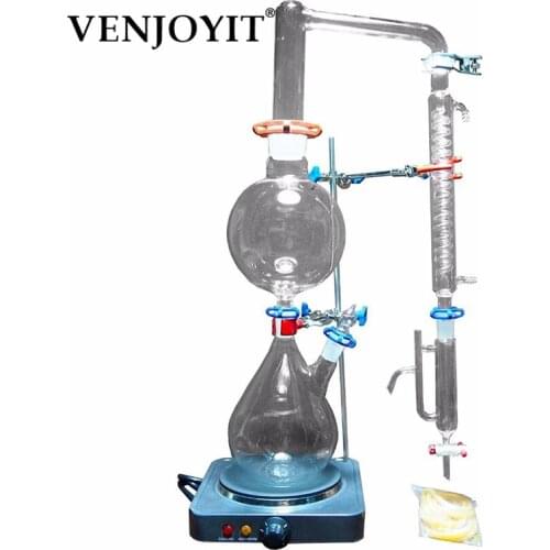 New 2000ml Lab Essential Oil Steam Distillation Apparatus Glassware Kits Water Distiller Purifier w/Hot Stove Graham Condenser