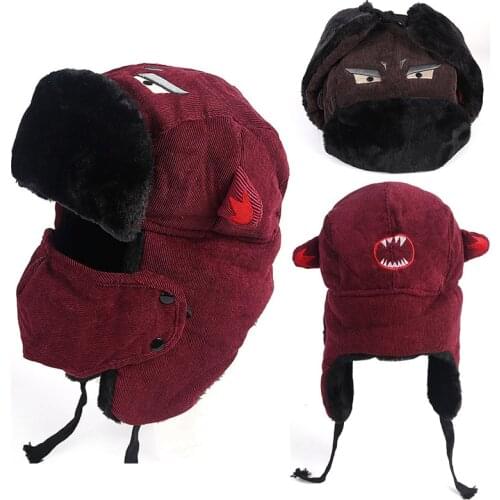 Fashion 2020 Rusia Winter Warm Snow Cap Cartoon Embroidery Bomber Hat Men Women Ski Mask Faux Fur Ear Flaps Hat bombers homme