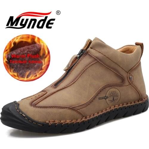 Fashion Men Leather Boots Mens Warm Fur Snow Boots Winter Shoes High Quality Split Leather Comfortable Ankle Men Warm Boots 48