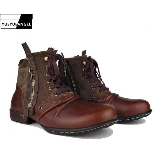 New Zipper Boots Man Genuine Leather Fashion Working Shoes Man 2020 Retro Autumn Winter Lace Up Round Toe Military Boots