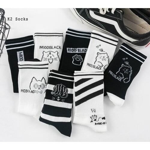 Kawaii Cartoon Cat Men and Women Socks Cotton Black White Cat Claws Harajuku Striped Simplicity Soft Fashion Funny Girl Sockings