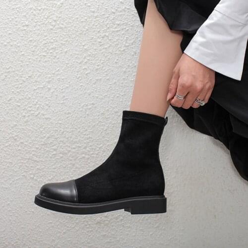 New Stretch boots Flock Leather Square Toe Autumn ankle boots Womens fashion Comfortable winter plush Short boots Plus size