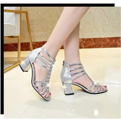 Thick heel rhinestone sandals women 2021 new summer mid-heel fashion all-match cheongsam fish mouth high heels
